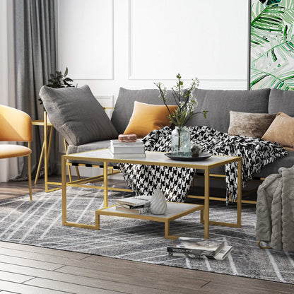 Minimalist Art Deco Coffee Table with Laminate Marble Print Table Top & Underneath Storage Shelf