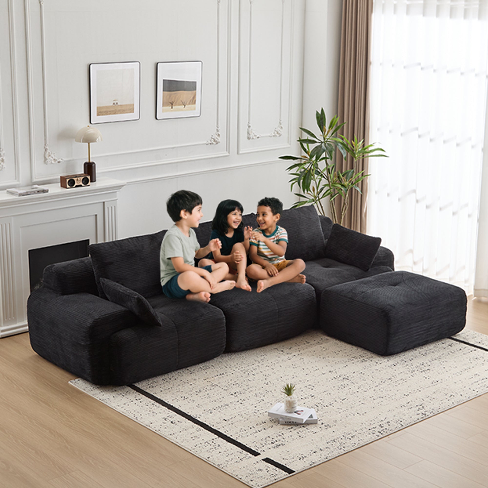 Black Corduroy Sectional Sofa Memory Foam Cushions