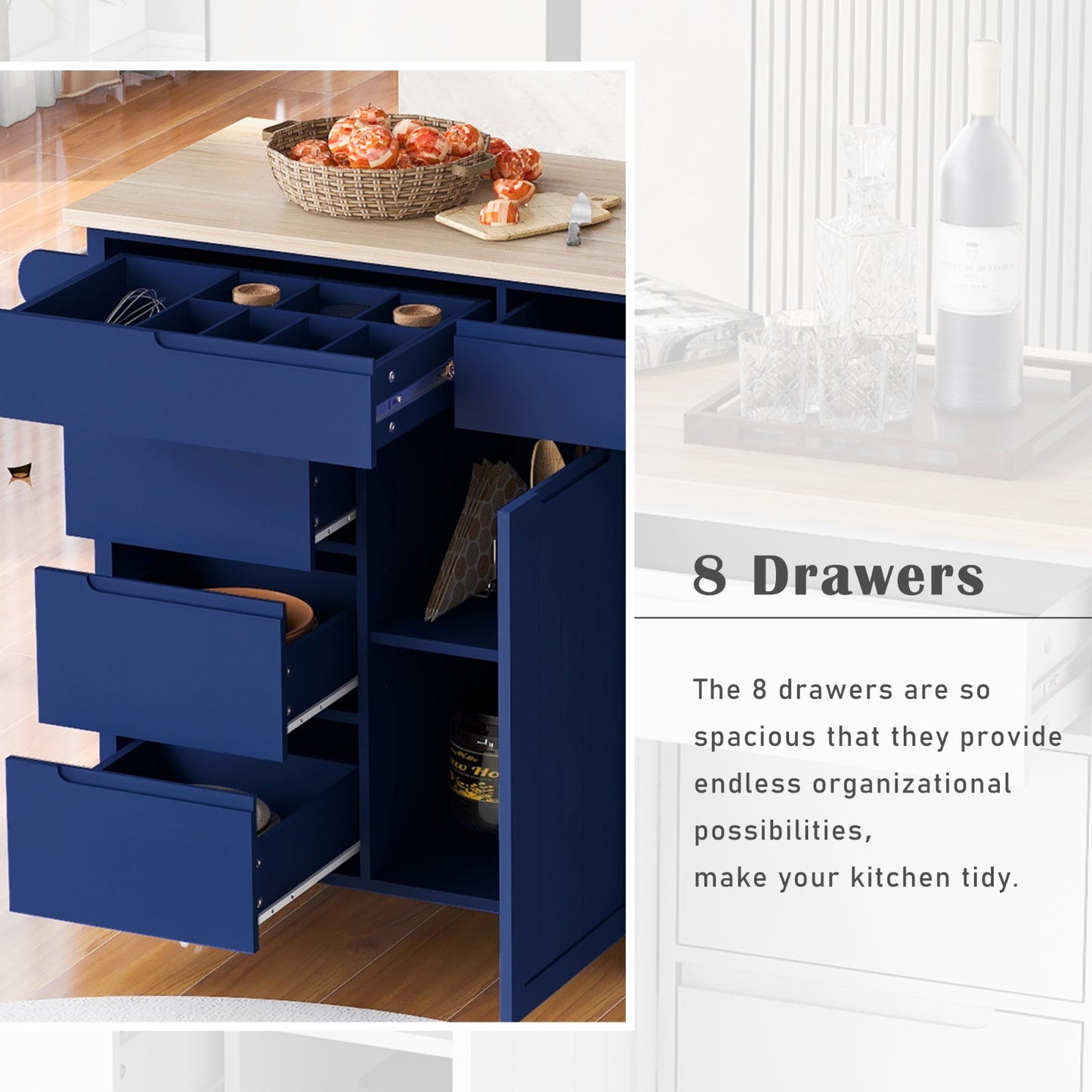 K&K Store Kitchen Cart With Rubber Wood Top, 8 Handle-Free Drawers