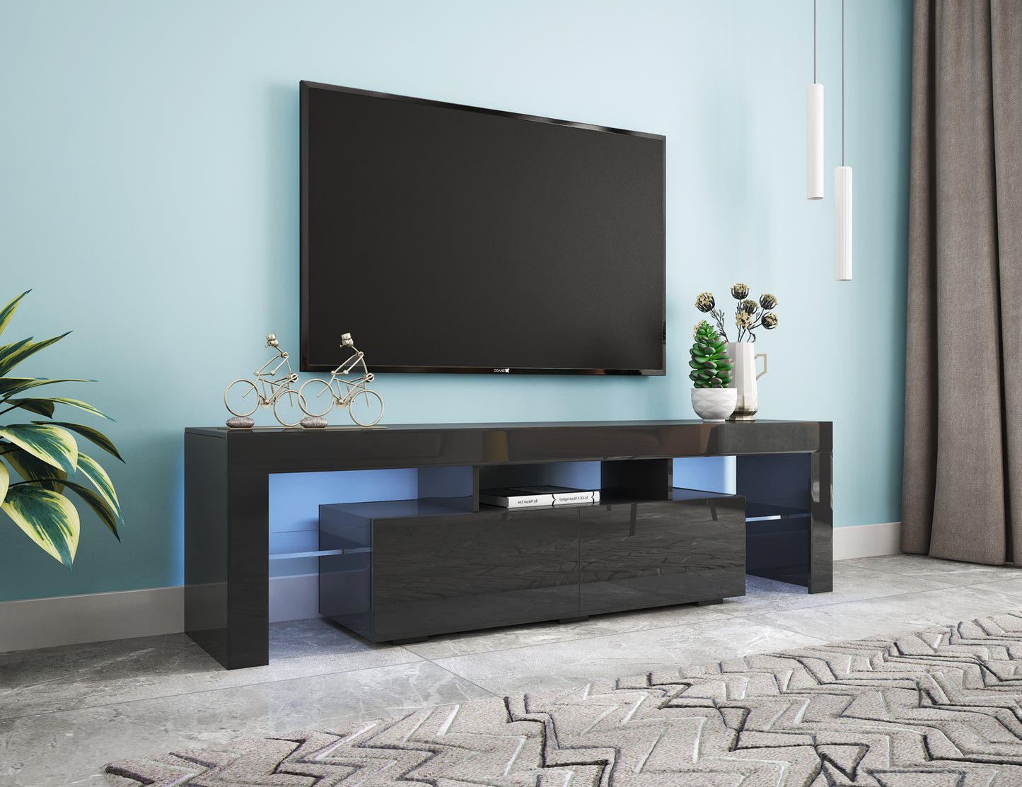 Modern Black TV Stand  20 Colors LED TV Stand W Remote Control Lights
