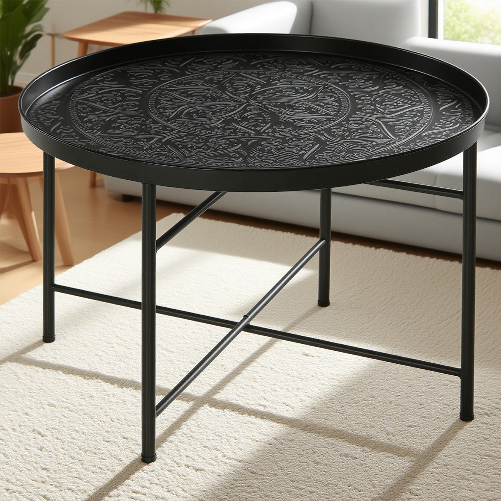 Coffee Table For Living Room, 24inch Round Center Table With Hammered Tray Top And Metal Frame For Bedroom, Black