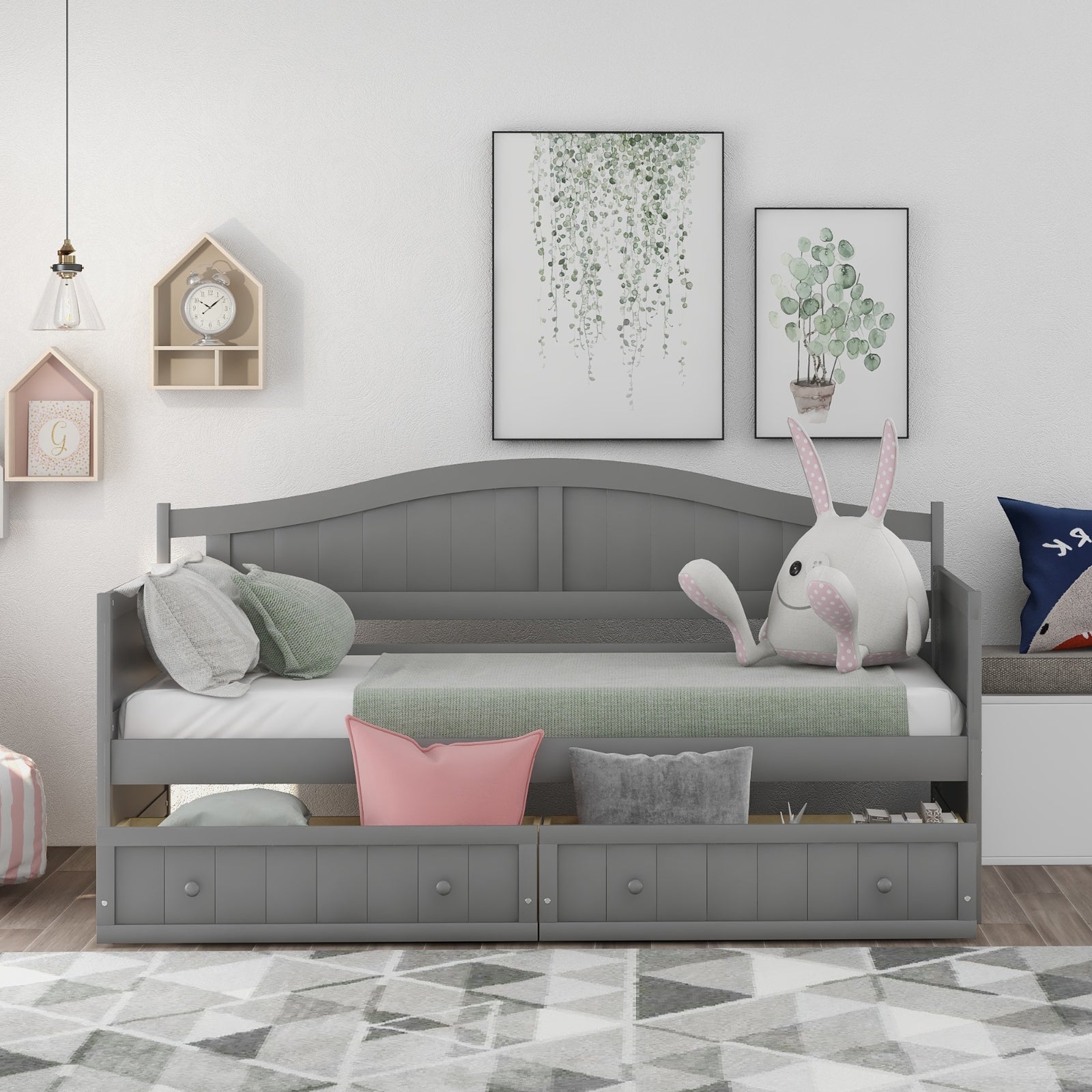Gray Wooden Daybed Drawers