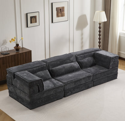 Compression Mahjong Sofa,Convertible Floor Sofa Bed,DIY Boneless Modular Sectional Sofa,No Assembly Required,Circle Fleece Fabric,Oversized 3 Seater With 3 Pillows,Dark-Grey