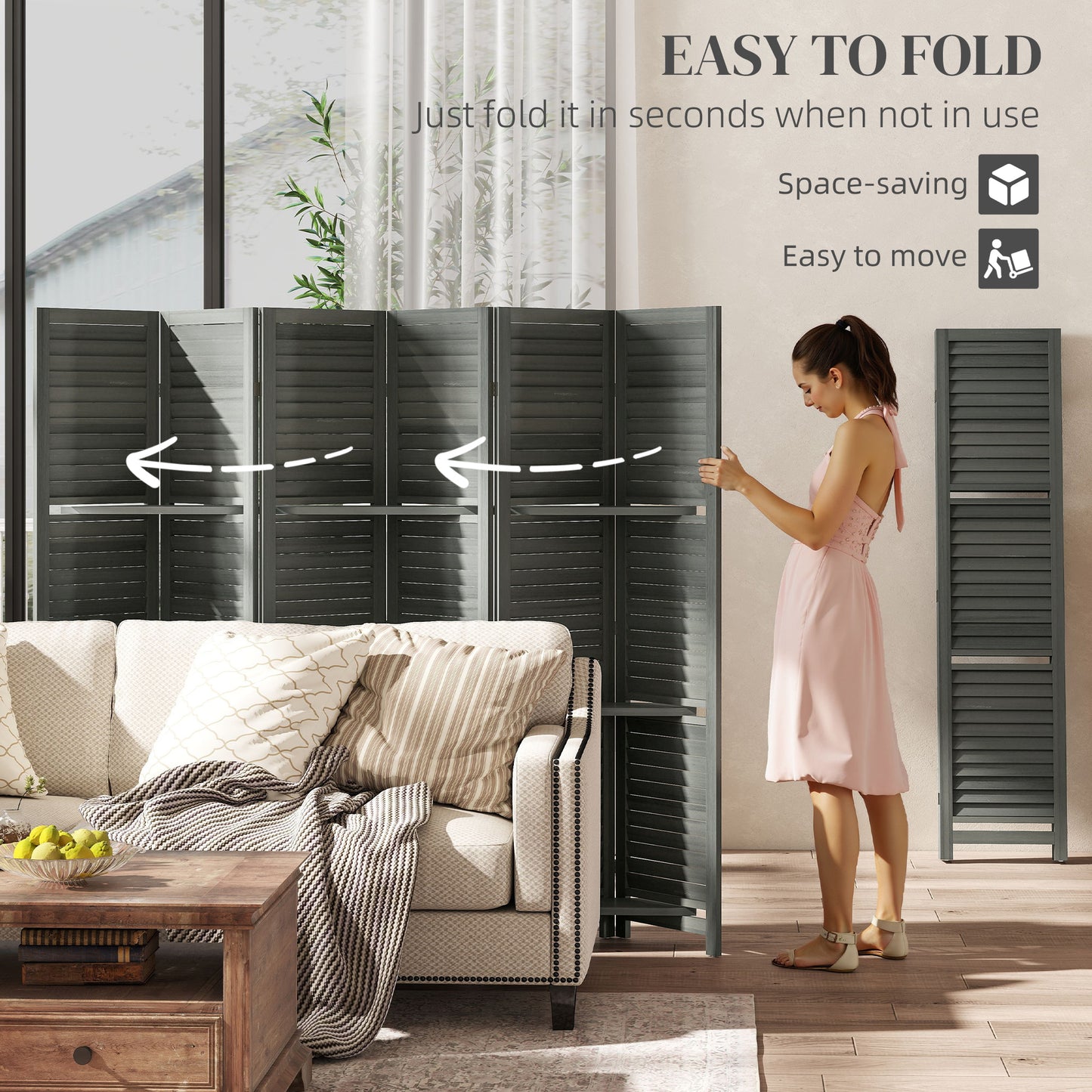6 Panel 67" Tall Wood Privacy Screen Room Divider with 3 Shelves and Folding Storage for Bedroom, Gray