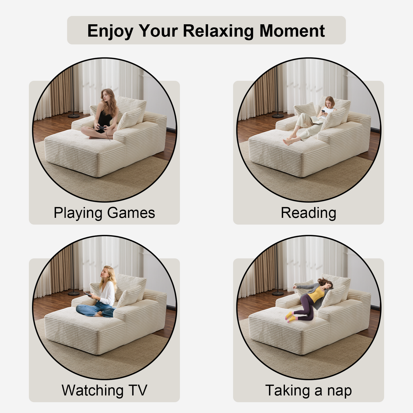 Oversized Chaise Lounge Chair Cozy Cloud Couch, Modern Plush Corduroy Upholstered Sleeper Sofa Daybed With 3 Throw Pillows And Wide Armrest For Living Room, No Assembly Required,White