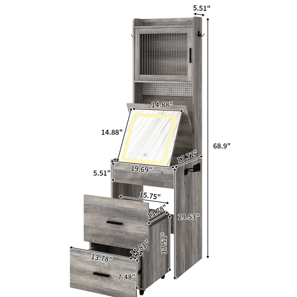Gray Hemp Faced Particleboard With Triamine 2 Pull 1 Door 1 Flip LED 3 Tone Light Touch Mirror Dressing Table Set