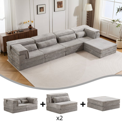 Compression Mahjong Sofa,Convertible Floor Sofa Bed,DIY Boneless Modular Sectional Sofa,No Assembly Required,Circle Fleece Fabric,Oversized 4 Seater With 1 Ottoman,Light-grey