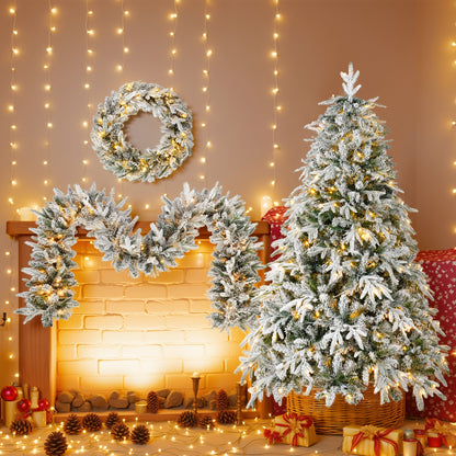 Christmas Snow Flocked Wreath With Xmas Snow Garland And Snow Xmas Tree, 3 Pac Snowy Flocked Christmas Decor With Warm LED Lights, 9ft Flocked Garland, Flocked Wreath, 6ft Flocked Tree