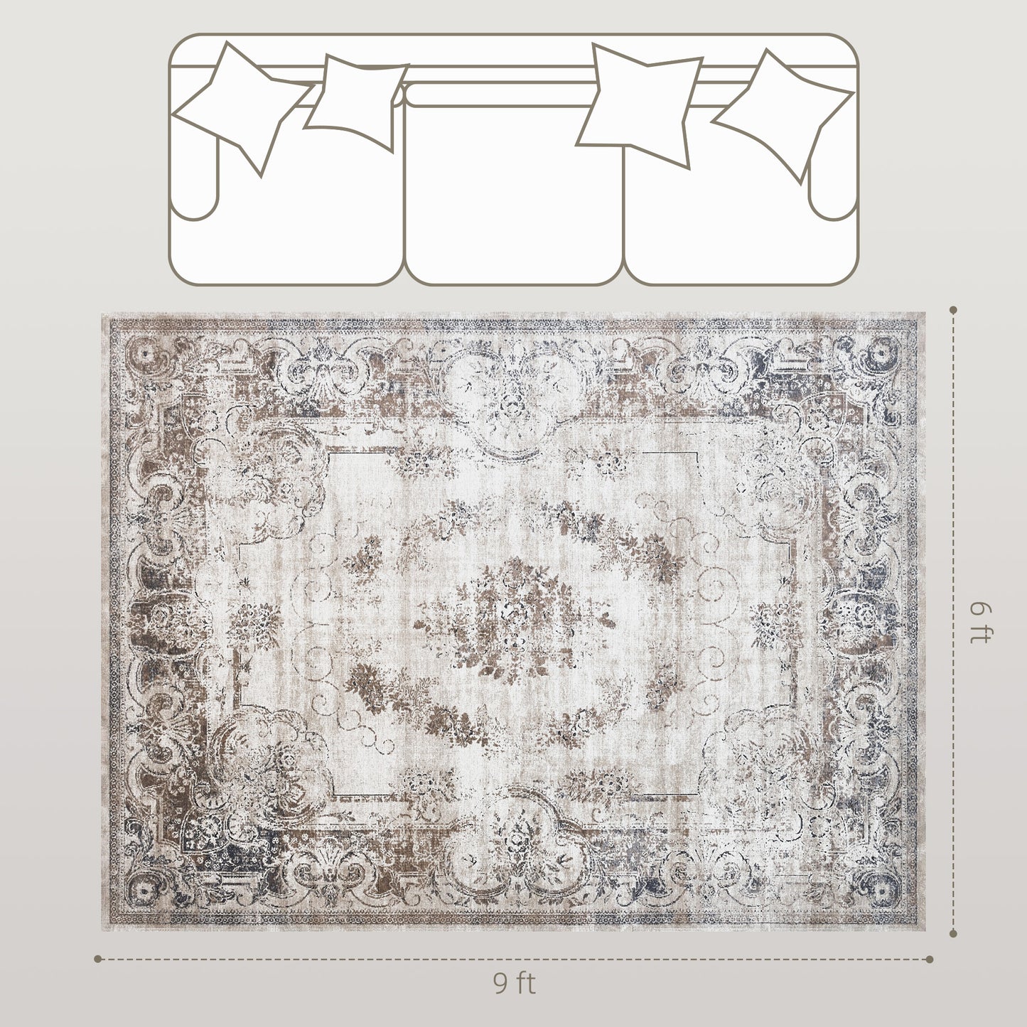 6x9 Boho Area Rug, Machine Washable Carpet For Living Room, Bedroom, Dining Room, Kitchen, Home Office, Brown