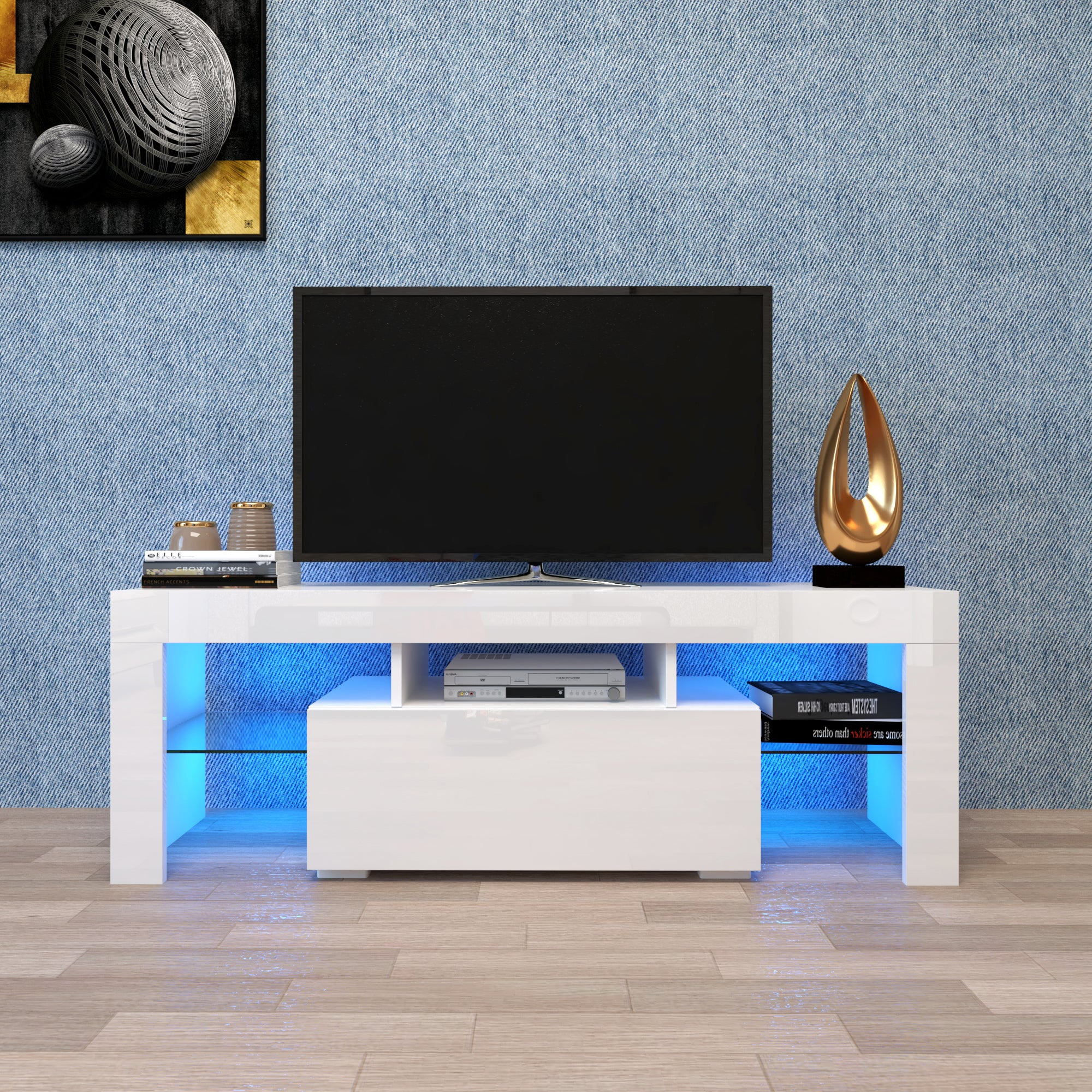 White Modern TV Stand LED Lighting 50-59in
