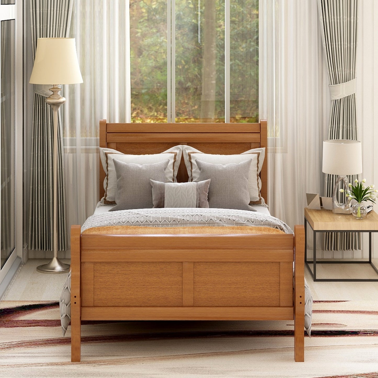 Wood Platform Twin Bed Frame, Sleigh Design With Headboard Footboard, Wood Slat