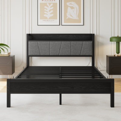 Queen Size Bed Frame, Storage Headboard With Charging Station, Solid And Stable, No Box Spring Needed, Easy Assembly