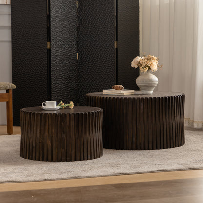Vintage Fashion Style Cylindrical Nesting Coffee Table Set With Vertical Textured Embossed Design For Living Room, Office And Dining Room, Dark Brown  Set Of 2