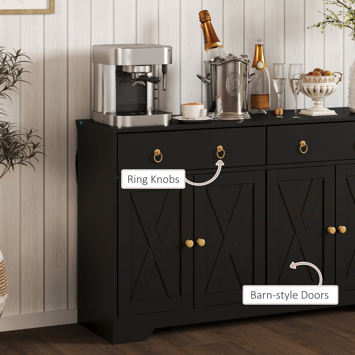 Kitchen Storage Sideboard, Farmhouse Buffet Cabinet With Barn Style Doors, Drawers, Adjustable Shelves, Black