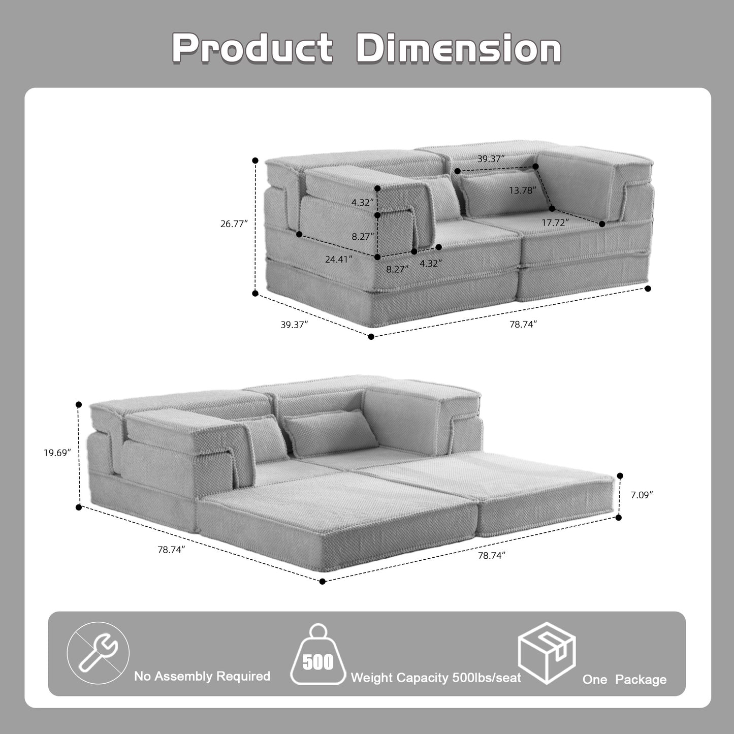 Compression Mahjong Sofa,Convertible Floor Sofa Bed,DIY Boneless Modular Sectional Sofa,No Assembly Required,Circle Fleece Fabric,Modern Oversized Loveseat,Light Grey