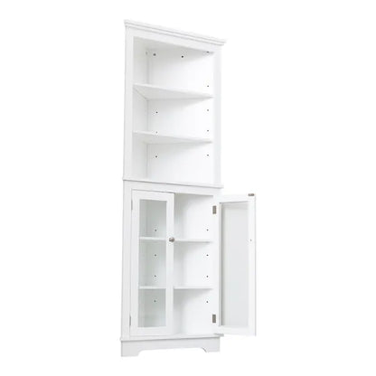 FRALIMK Matte White Tall Corner Storage Cabinet, Floor Storage Narrow Organizers With Double Glass Doors And Adjustable Shelves