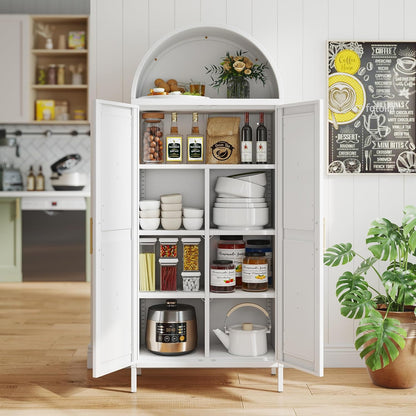 White Kitchen Pantry Cabinet, Arched Storage Cabinet With Doors And Adjustable Shelves, Tall Freestanding Cupboard For Laundry, Dining Room, Living Room, Bathroom