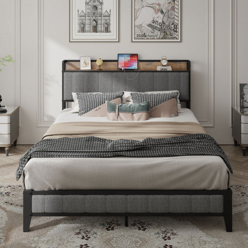 Queen Size Bed Frame With Charging Station, Upholstered Headboard, Metal Platform, Grey
