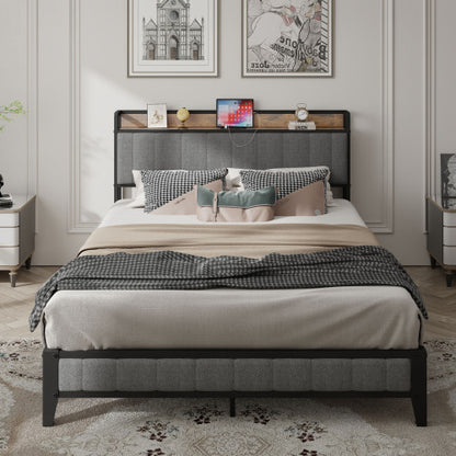 Queen Size Bed Frame With Charging Station, Upholstered Headboard, Metal Platform, Grey