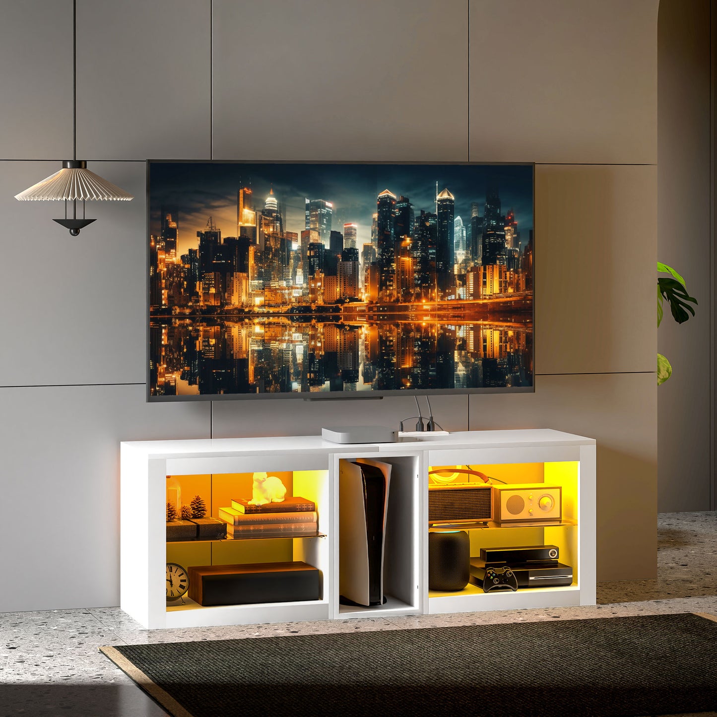 TV Stand Center for 55" with LED Lights and Power Outlets TV Television Cabinet with Adjustable Shelves High Gloss