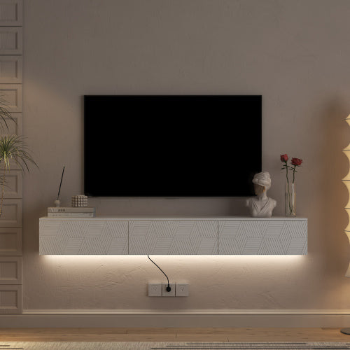 Floating TV Stand Wall Mounted With 16 Color LEDs,Modern TV Stand, Floating TV Cabinet Entertainment Center For 55 60 65 Inch TV,White
