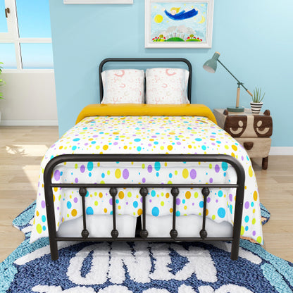 Metal Platform Bed Frame, Victorian Style HeadboardFootboard  Under Bed Storage  No Box Spring Needed Twin Size Black