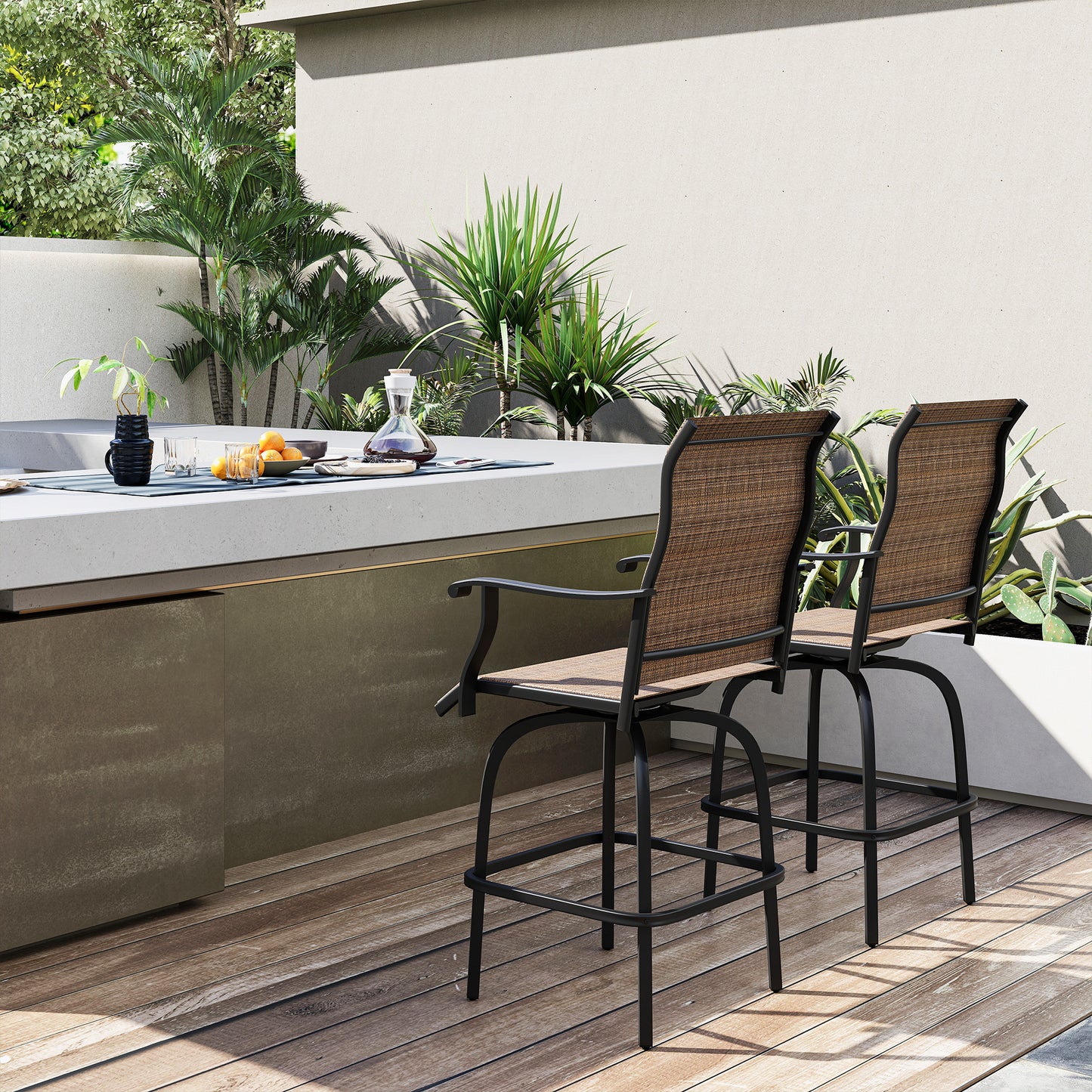 Set of 2 Outdoor Swivel Bar Stools with Armrests