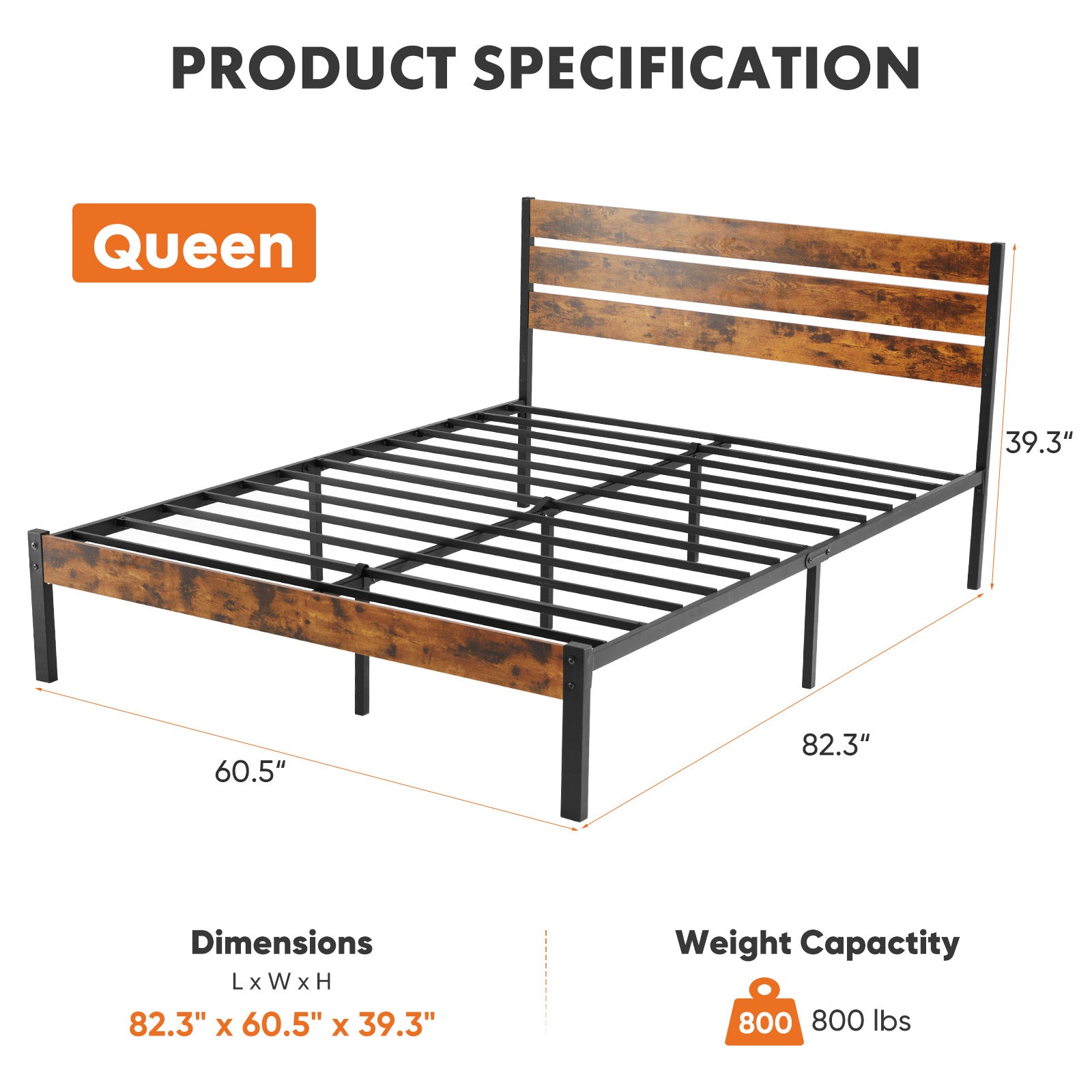 Black Metal Platform Bed Queen Under-Bed Storage