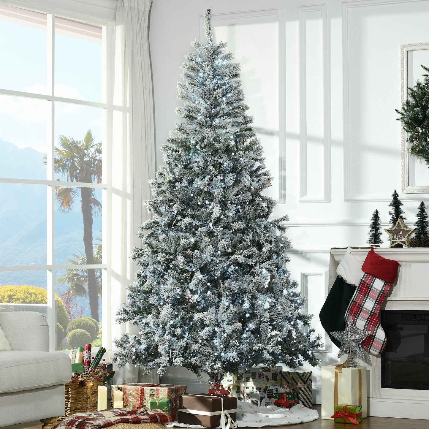 HOMCOM 7.5' Flocked Artificial Christmas Tree With Cold White LED Lights