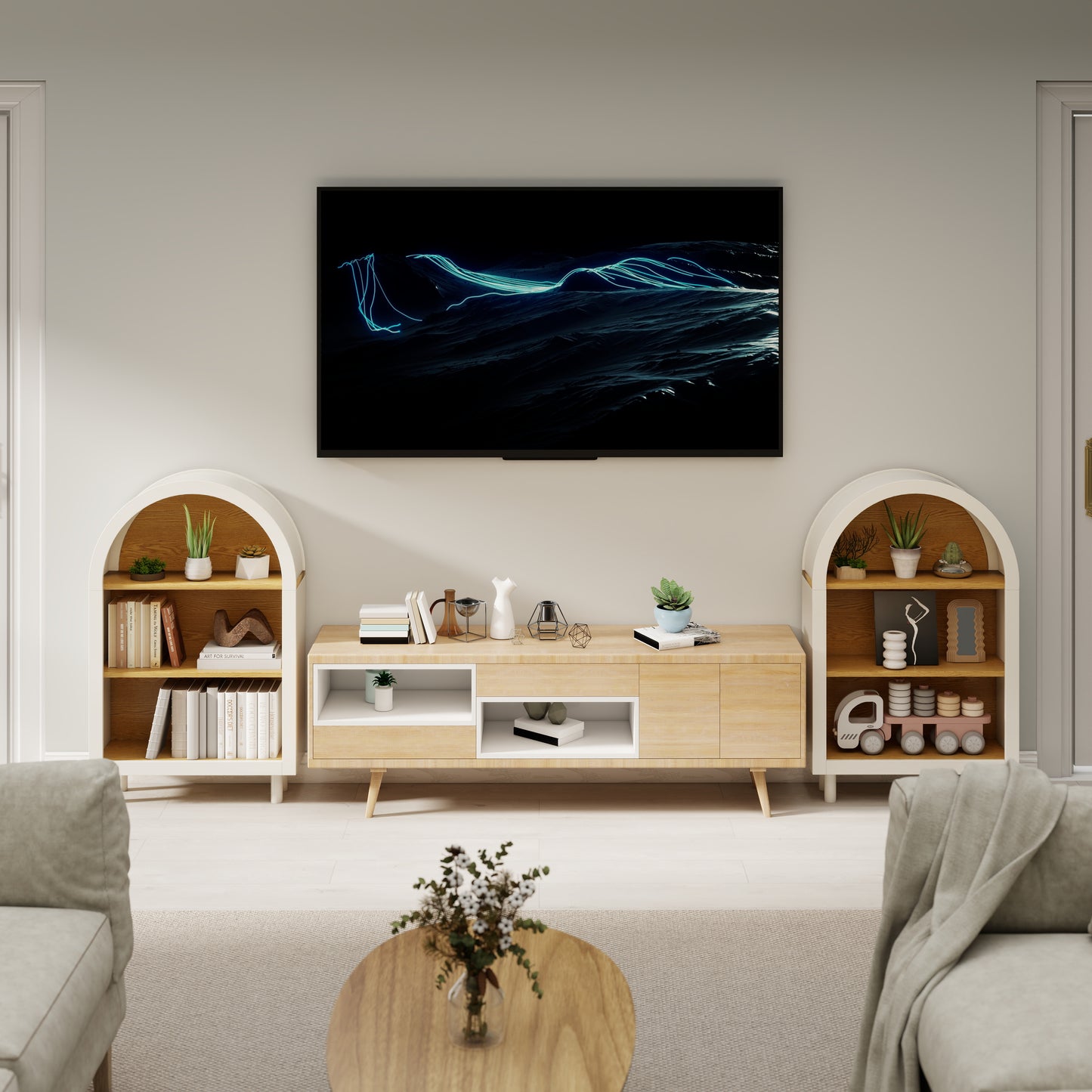 Arched Small Bookcase,Arched Storage Cabinet,Wooden Modern Arched Top Bookshelf With 3 Shelves,White With Woodgrain Shelves, 3-Tier Storage Shelf For Living Room, Bedroom, Entryway