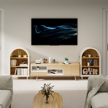 Arched Small Bookcase,Arched Storage Cabinet,Wooden Modern Arched Top Bookshelf With 3 Shelves,White With Woodgrain Shelves, 3-Tier Storage Shelf For Living Room, Bedroom, Entryway