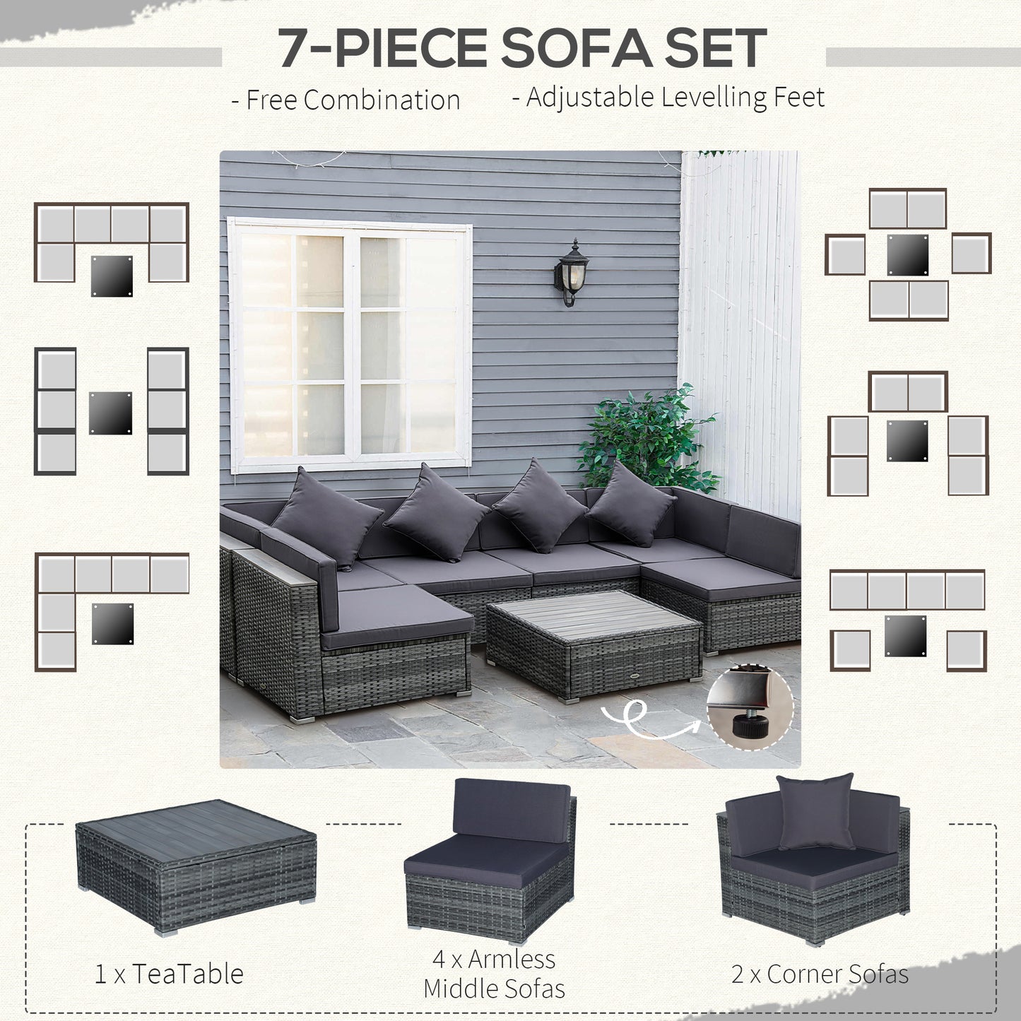 7-Piece Patio Furniture Sets PE Rattan Sectional Sofa Set Outdoor Conversation Set w/Acacia Top Coffee Table & Cushion for Garden, Backyard, Grey