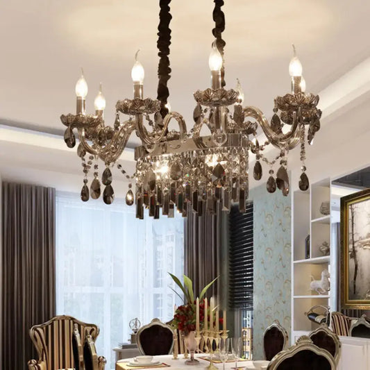 DecorBites™ 8-light island pendant with smoke gray crystal droplets and metallic multi-armed candelabra design