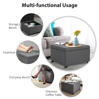 Tufted Storage Ottoman With Lift Top Fabric Metal Hinge Rubberwood Frame Living Room