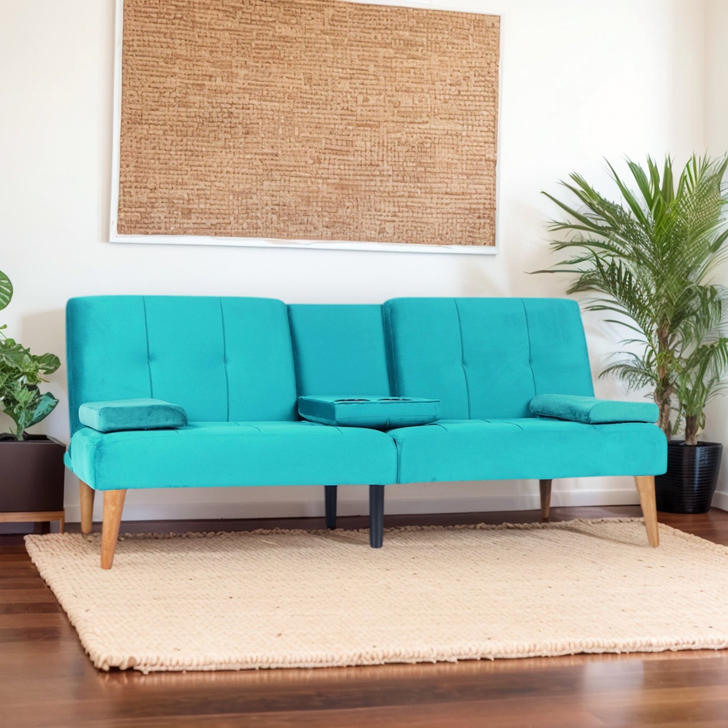 Modern Velvet Upholstered Futon Sofa Bed With 2 Cup Holders For Living Room