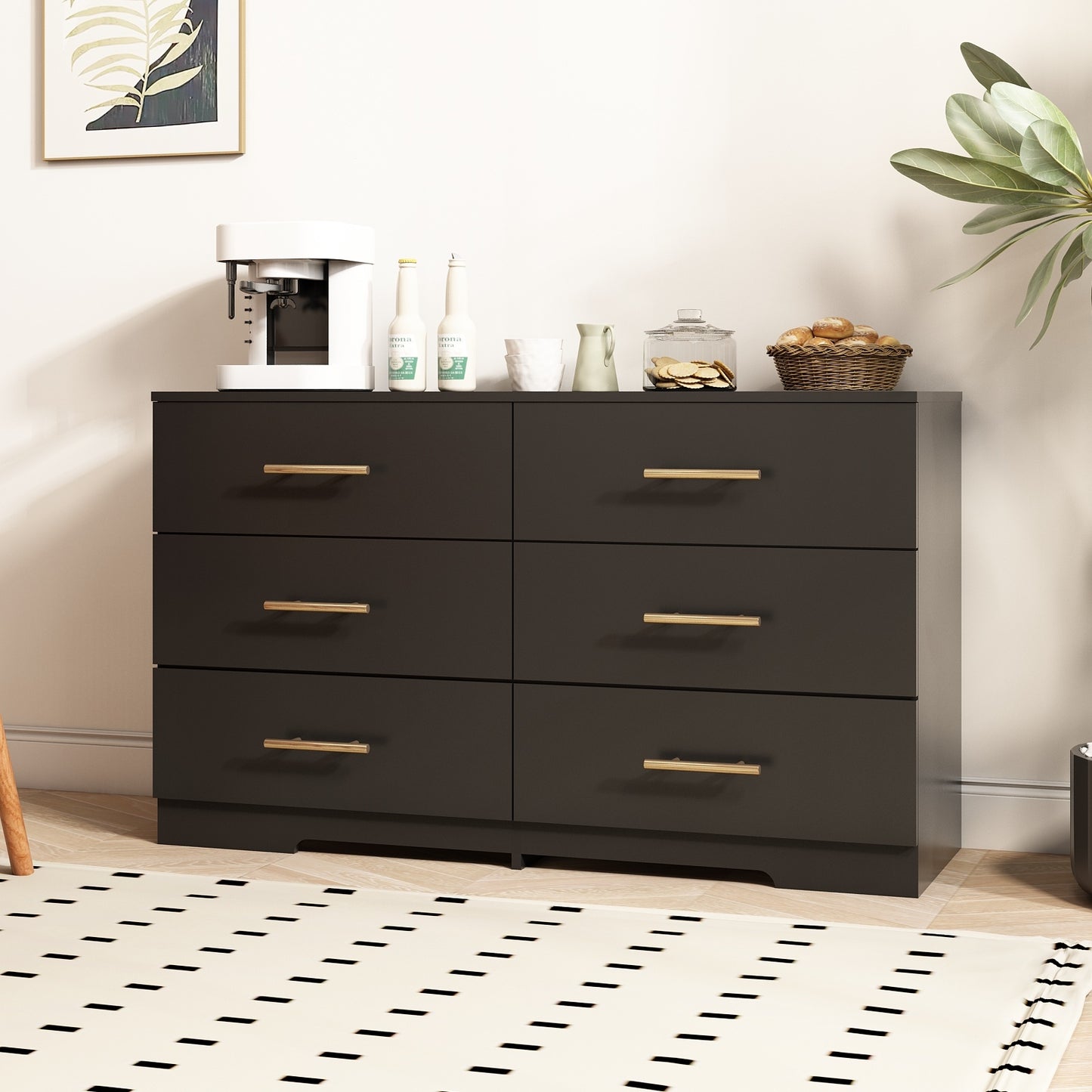 Black Color Large 6 Drawers Chest Of Drawer Dressers Table With Golden Handle