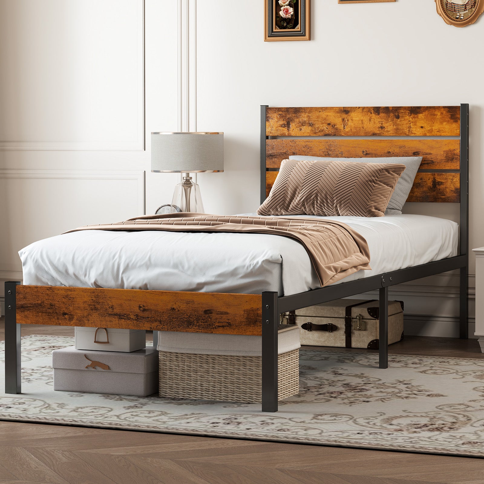Black Metal Platform Bed Queen Under-Bed Storage
