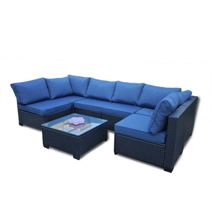 Seven-Piece Sofa Set Table With Sofa Chair Black PE Rattan Outdoor Furniture 7-JH001 Box 3-1-2-3 With Blue Color Cushion