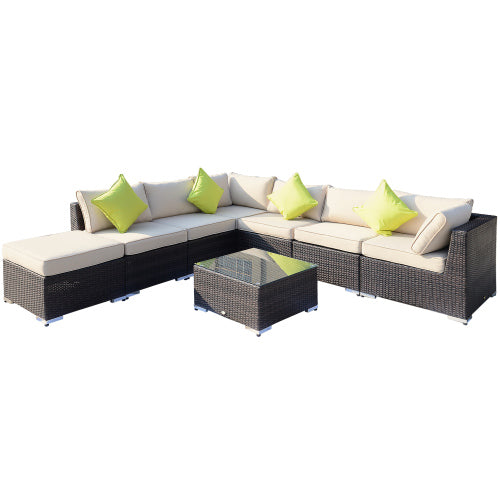 Outsunny 8 Pieces PE Rattan Corner Sofa Set With Thick Cushions, Aluminium Outdoor Rattan Garden Furniture Set With Glass Top Table, No Assembly Required, Mixed Brown
