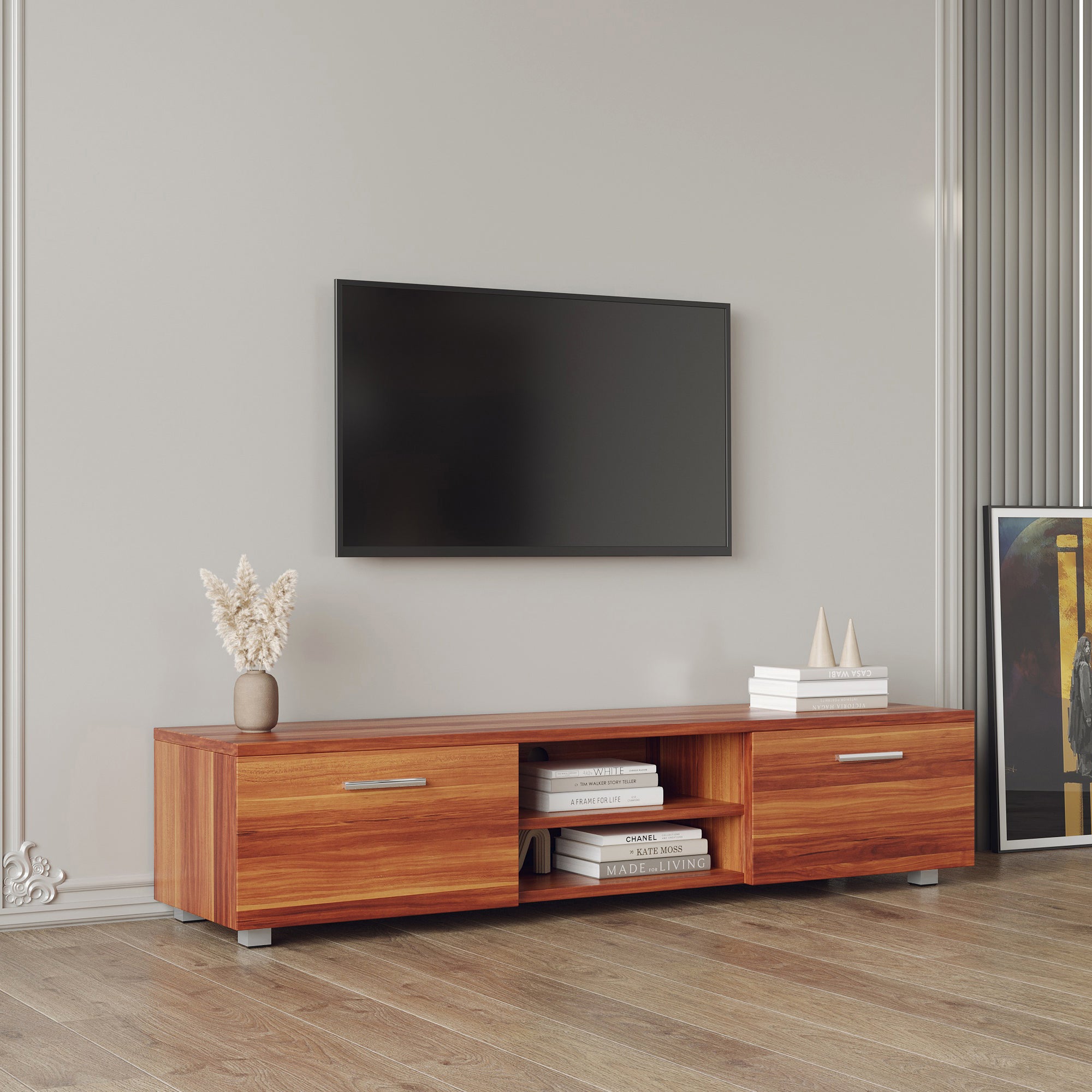 Walnut TV Stand For 70 Inch TV Stands, Media Console Entertainment Center Television Table, 2 Storage Cabinet With Open Shelves For Living Room Bedroom