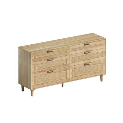 59 Rattan Dresser With Drawers, 6 Drawer Dresser For Bedroom, Clothes Storage Cabinet For Bedroom, Metal Handle Wood Legs For Hallway, Living Room, Bedroom,Natural
