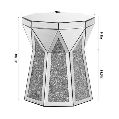 Drum Style Coffee Table With Mirror Crystal Inlay, Polygonal Silver Decorative Table, Modern Design Luxury Modern Furniture, 20 Inch  About 50 Centimeters  Low Coffee Table, Suitable For Living Room