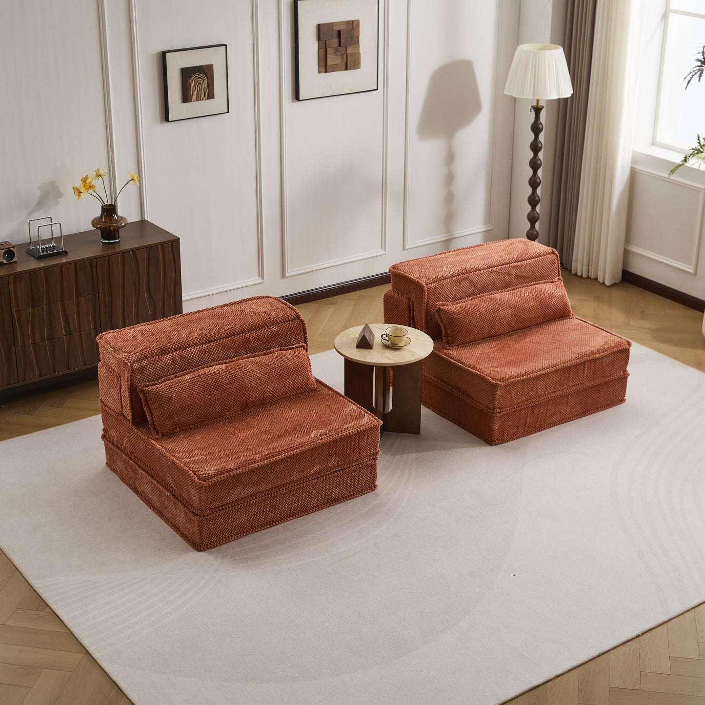 Compression Mahjong Sofa,Convertible Floor Sofa Bed,DIY Boneless Modular Sectional Sofa,No Assembly Required,Circle Fleece Fabric,Oversized 2 Seater With 2 Pillows,Orange