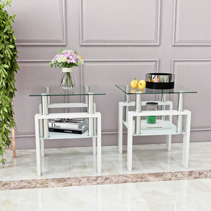 2-Pc Modern Tempered Glass Coffee Tea End Tables For Living Room