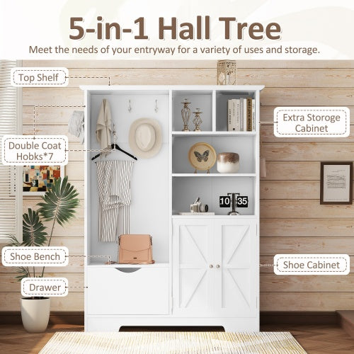 Multi-functional Hall Tree With Storage Shelves Drawers And Cabinet, Elegant Hallway Shoe Cabinet With Bench, Modern Coat Rack With Hooks For Hallway Entryways