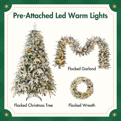 Christmas Snow Flocked Wreath With Xmas Snow Garland And Snow Xmas Tree, 3 Pac Snowy Flocked Christmas Decor With Warm LED Lights, 9ft Flocked Garland, Flocked Wreath, 6ft Flocked Tree