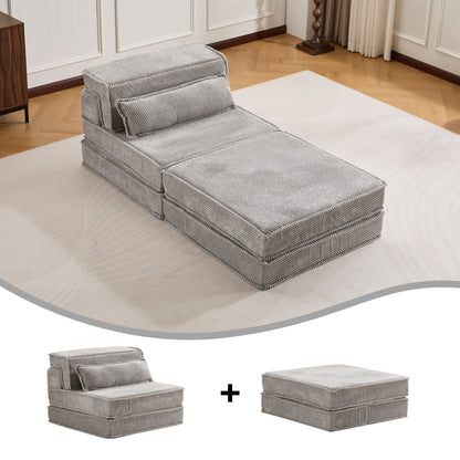 Compression Mahjong Sofa,Convertible Floor Sofa Bed,DIY Boneless Modular Sectional Sofa,No Assembly Required,Circle Fleece Fabric,Oversized Single Seater With 1 Pillow And 1 Ottoman,Light-grey