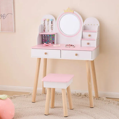 White And Pink Crown Element, MDF + Particleboard + Solid Wood Legs, Painted And Melamine Laminated, 4-drawer Children's Dressing Table Set