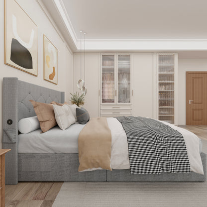 Queen Size Bed Frame With Storage - Lift Up Storage Bed With Modern Wingback Headboard, USB Ports