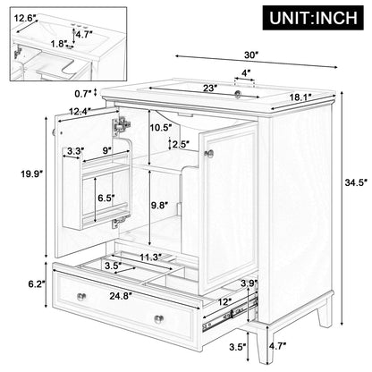 30 Bathroom Vanity With Sink Combo, Multi-functional Bathroom Cabinet With Doors And Drawer, Solid Frame And MDF Board, White